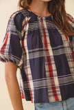 Navy Plaid Round Neck Pleated detail Keyhole Back Top