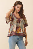 Sage Floral Print Wide  Contrast Trim Smocked Back Top