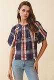 Navy Plaid Round Neck Pleated detail Keyhole Back Top
