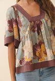 Sage Floral Print Wide  Contrast Trim Smocked Back Top