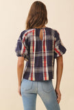Navy Plaid Round Neck Pleated detail Keyhole Back Top