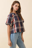 Navy Plaid Round Neck Pleated detail Keyhole Back Top