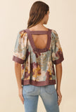 Sage Floral Print Wide  Contrast Trim Smocked Back Top