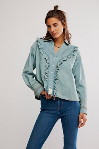 Free People Tattered and Ruffled Top Vintage Tint Wash
