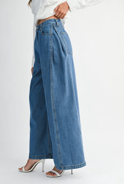 High Waisted Pleated Wide Leg Jean Pant