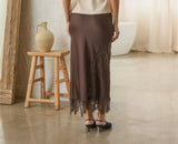 Brown Mixed Lace Midi Skirt