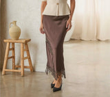 Brown Mixed Lace Midi Skirt