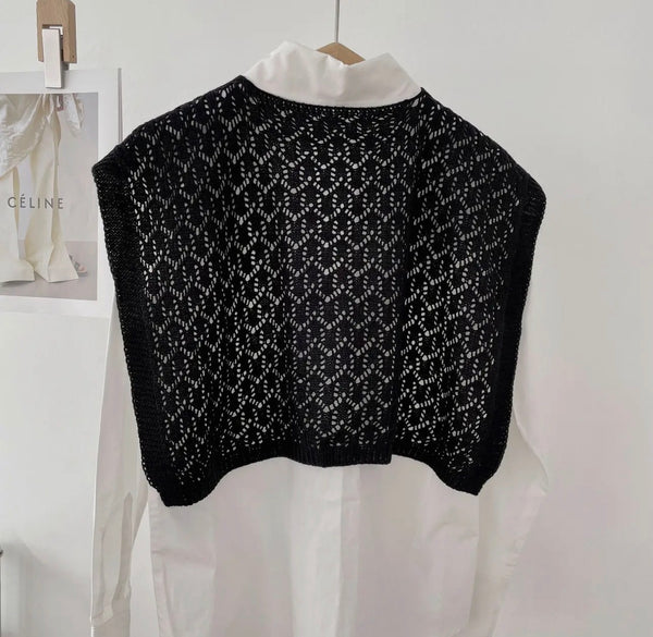 Elegant Solid Color Openwork Knit Shawl Wrap Black