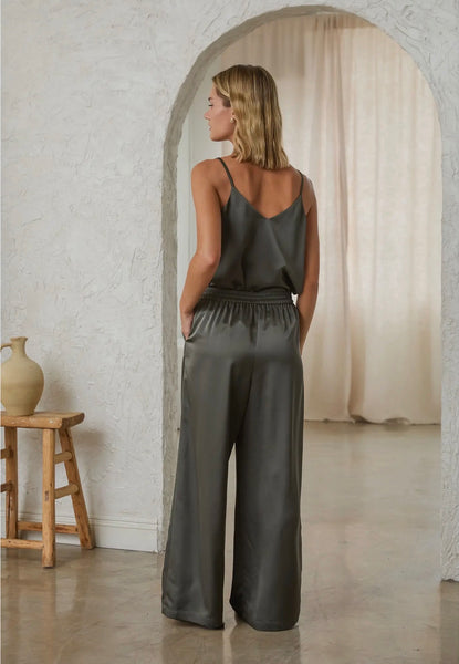 Olive Satin Straight Leg Pants
