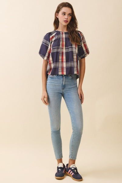 Navy Plaid Round Neck Pleated detail Keyhole Back Top