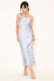 Baby Blue Floral Print Strapless Midi Dress