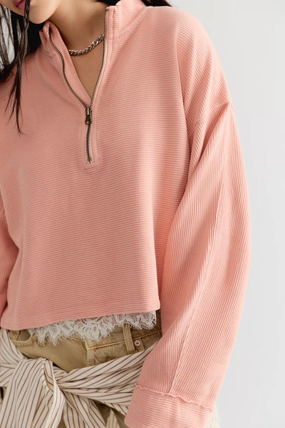 Free People Celeste Quarter Zip Coral Pink