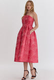 Hot Pink Embroidered Strapless Midi Dress