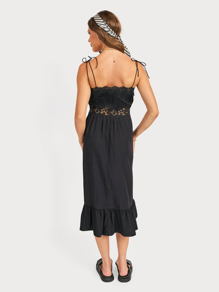 Black Pintuck Lace Midi Dress