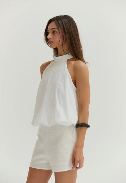 White Bubble Hem Poplin Halter Top