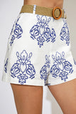 White/Blue Embroidered Shorts w/Belt