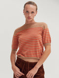Taupe/Orange Stripe Short Sleeve Sweater Top