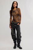 Free People Lilly Printed Long Sleeve Brown Combo