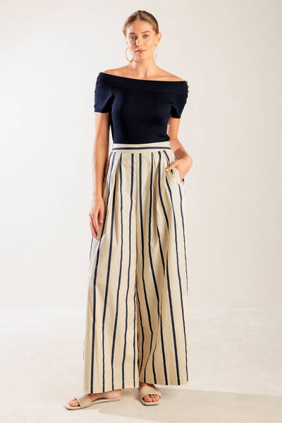 Ecur/Navy Striped Wide Leg Pant