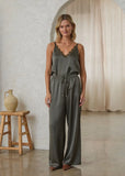 Olive Satin Straight Leg Pants