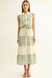 Green Multi Mixed Media Flared Midi Skirt