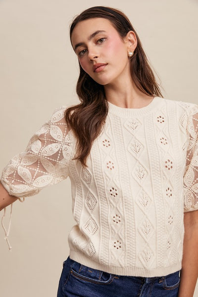 Cream Crochet Sleeve Knit Top