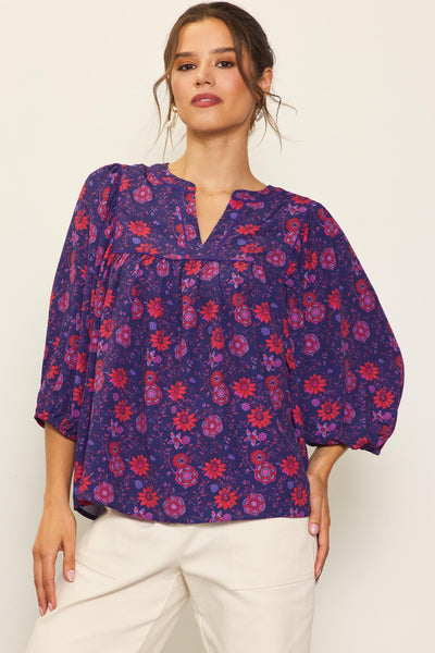 Grape-Red Floral Printed Blouse