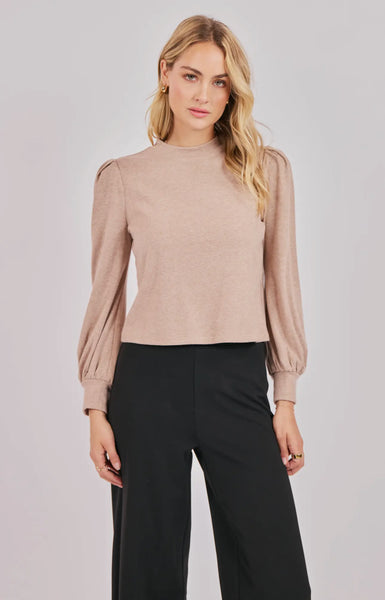 Oatmeal Mock Neck Balloon Sleeve Top