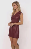Burgundy V Neck Faux Leather Dress