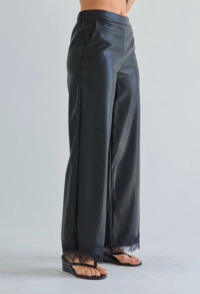 Black Lace Trim Detailed Vegan Pant