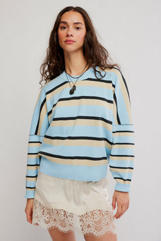 Free People Striped Alma Pullover Ice Blue Combo