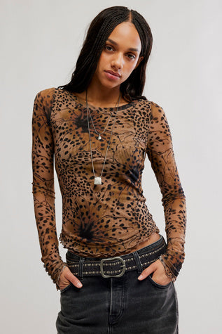 Free People Lilly Printed Long Sleeve Brown Combo