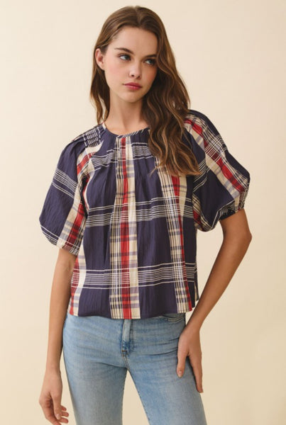 Navy Plaid Round Neck Pleated detail Keyhole Back Top
