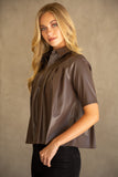 Brown Button Front Faux Leather Top