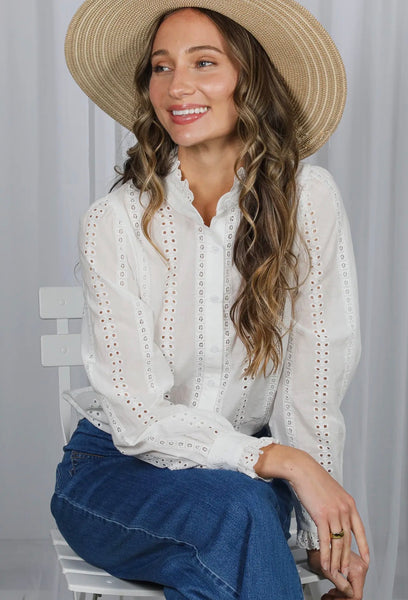 Off White Ruffled Eyelet Lace Blouse