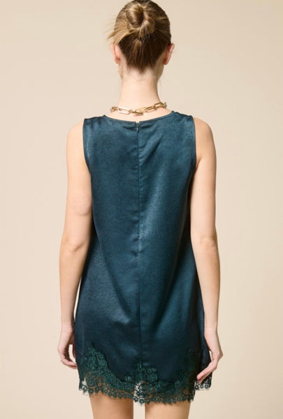 Evergreen Lace Trim Sleeveless Mini Dress