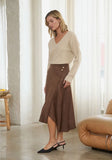 Brown Faux Suede Asymmetric Wrap Midi Skirt