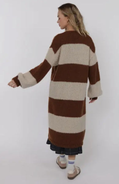 Brown Camel Bubble Sleeve Stripe Duster