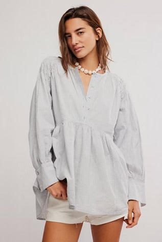 Free People Alana Linen Tunic Blue & White Combo