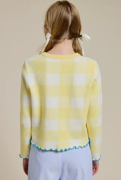 Lemon Plaid Knit Cardigan w/ Heart Buttons