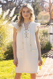 Cream Gold Chain Lace Up Tweed Dress