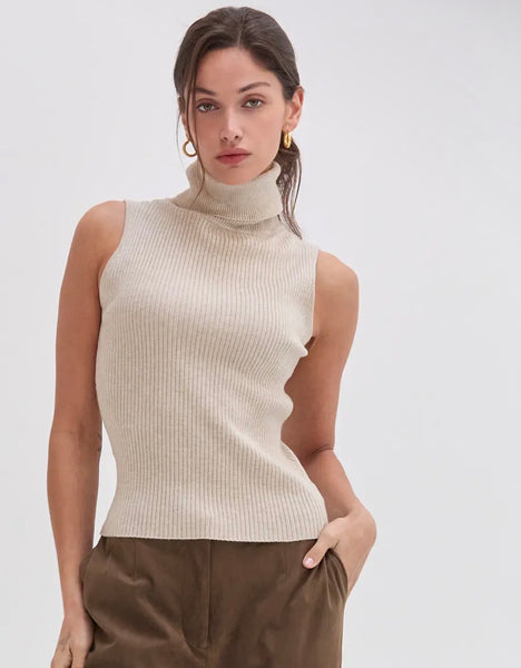 Oatmeal Turtle Neck Sleeveless Top