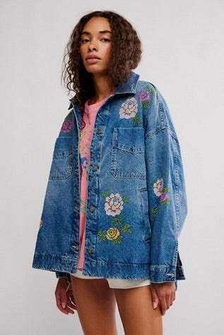 Free People Madison Embroidered Denim City Jacket