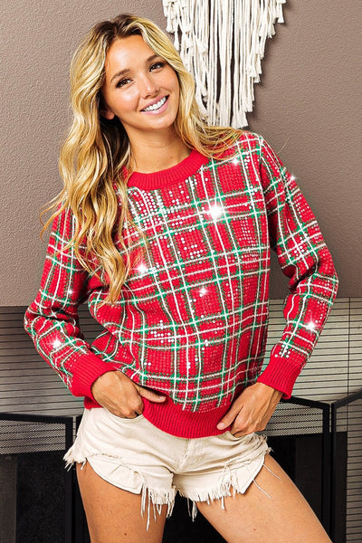 Red Clear Sequin Plaid Sweater