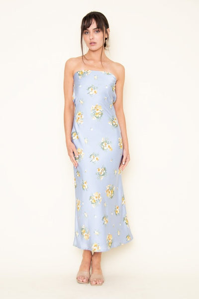 Baby Blue Floral Print Strapless Midi Dress