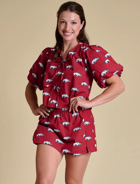 Arkansas Poplin Puff Sleeve Tie Top