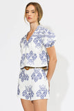 White/Blue Embroidered Short Sleeve Top