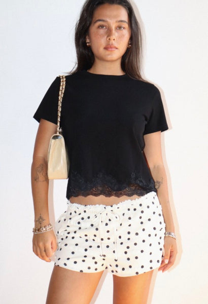 Black Lace Trim Short Sleeve Top