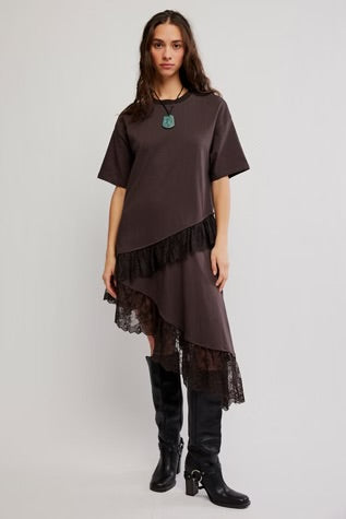 Free People Frosted Lace Layered Tee Deep Fudge