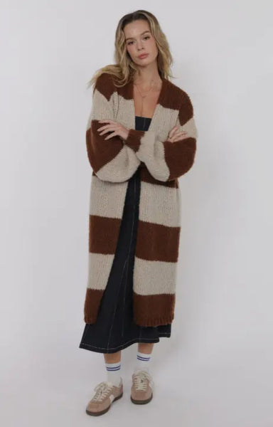 Brown Camel Bubble Sleeve Stripe Duster
